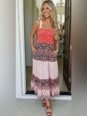NEW [Haptics] Vacay Vibes Orange Floral Smocked Tiered Maxi Dress Women's S
